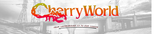 Cherry World streetwear logo with gradient red-to-green lettering and underground LA bridge background, tagline reads ‘From Underground LA to DSM London.