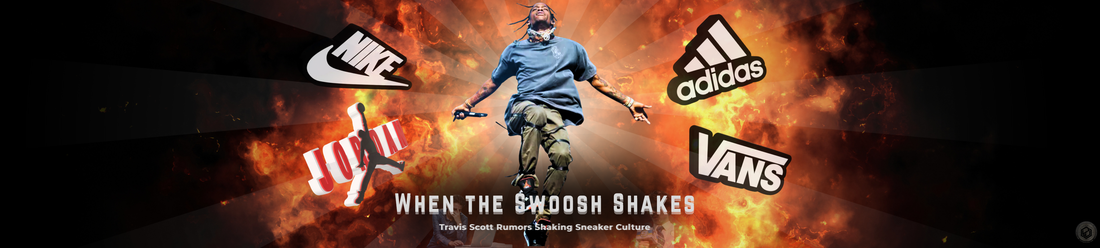 Travis Scott standing in front of an explosion with Nike, Adidas, Jordan, and Vans logos bursting outward, symbolizing sneaker contract rumors.