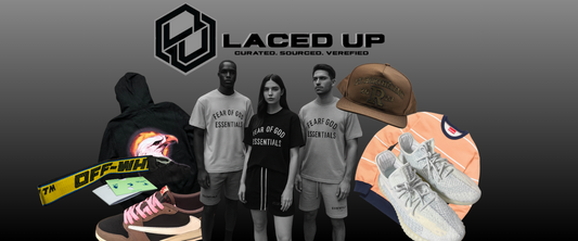 Laced Up Love curated streetwear collection featuring Fear of God Essentials, Yeezy sneakers, Off-White belt, Supreme shirt, and premium accessories with brand logo and tagline ‘Curated. Sourced. Verified.