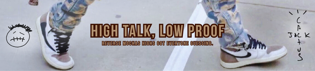 Travis Scott Air Jordan 1 Reverse Mocha Highs rumored sample with brown and cream tones, oversized reverse Swoosh, and Cactus Jack branding