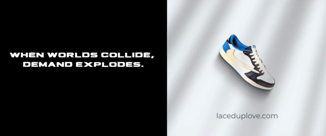 Streetwear sneaker spinning animation – blue, black, and white low-top shoe with cream laces.